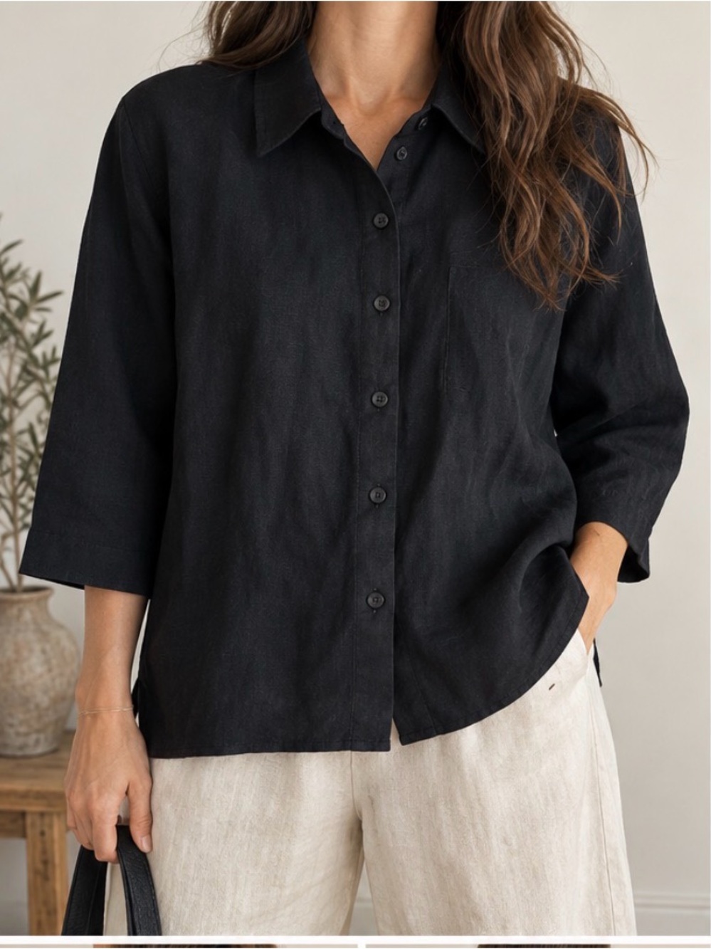 Black Linen Lagenlook Shirt Boxy Oversized Art Teacher Coastal Minimalist